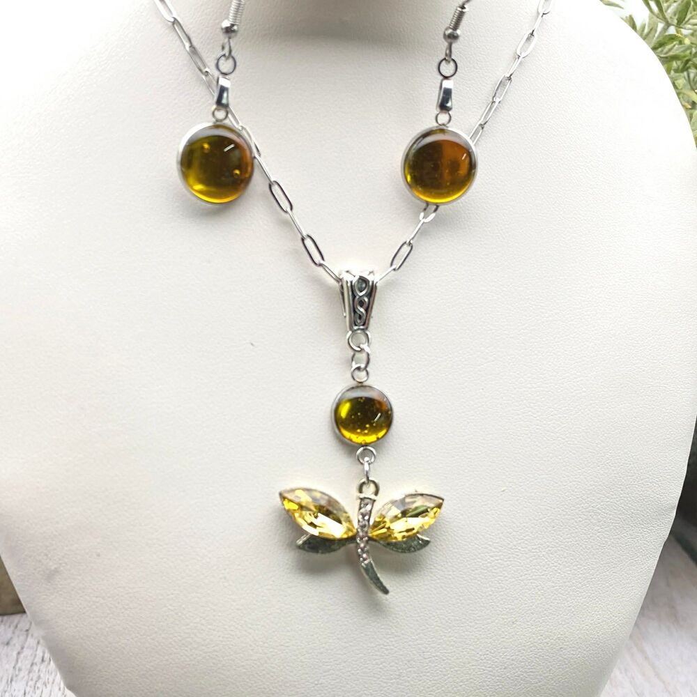 Silver Tone Dragonfly Pendant Necklace & Earrings Set – Yellow Glass - Picture 2 of 4